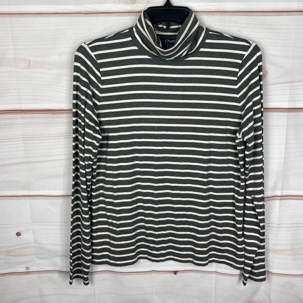Chaps Top Womens XL Gray White Stripe T-Shirt Turtleneck Long Sleeve Jersey Knit